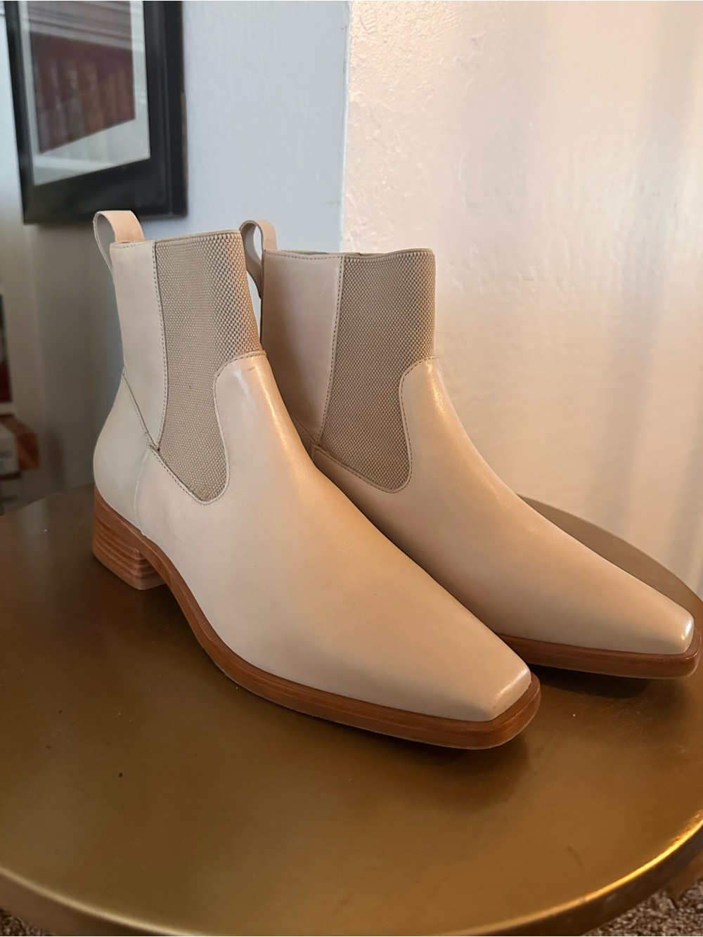 Bernardo Cream Chelsea Ankle Boots with Tan Wood Heel